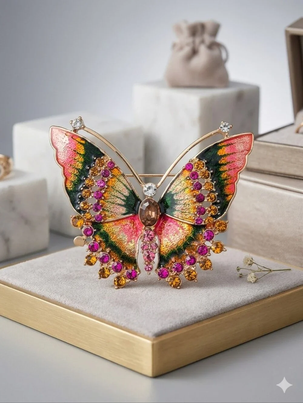 Napier Multicolor Butterfly Brooch with Pink, Green and Gold Tones